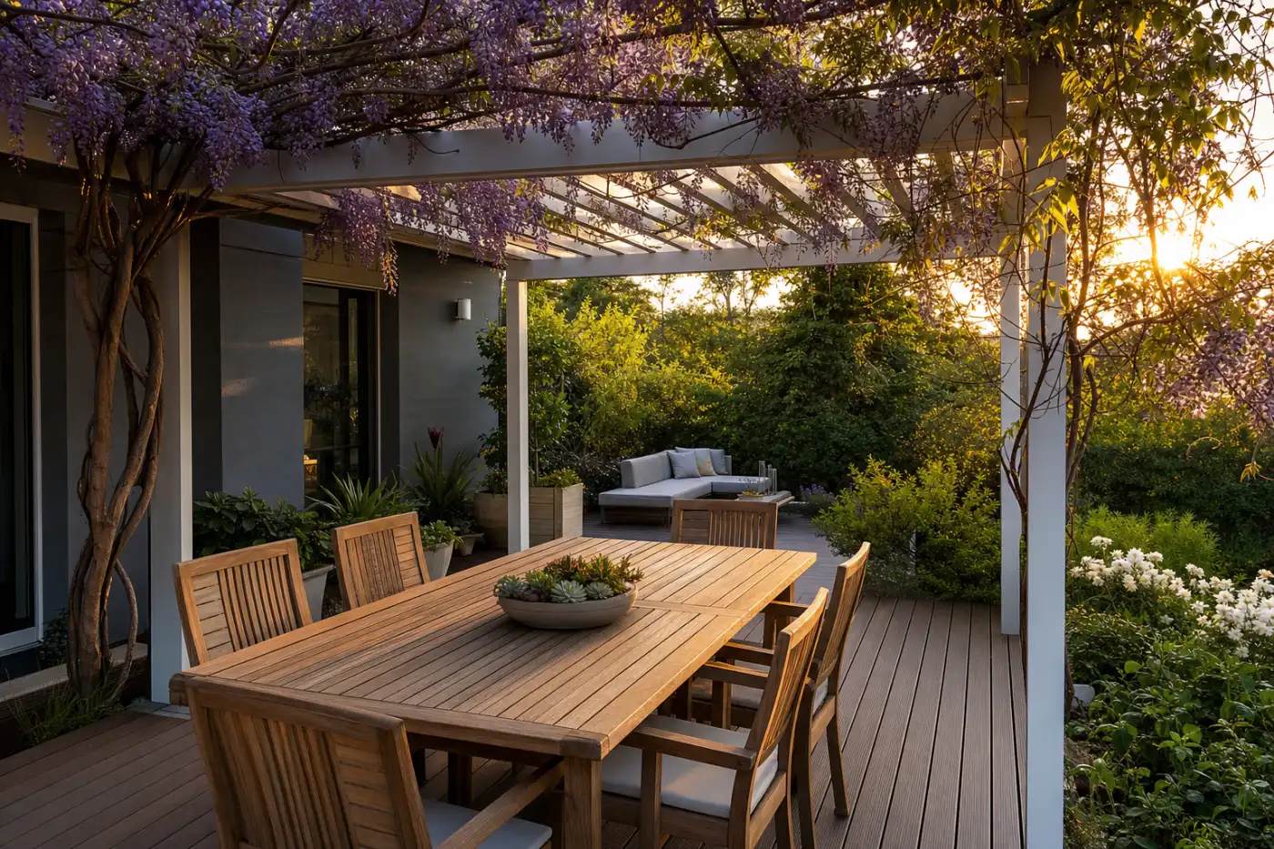Belle terrasse en bois avec pergola bioclimatique et plantes grimpantes