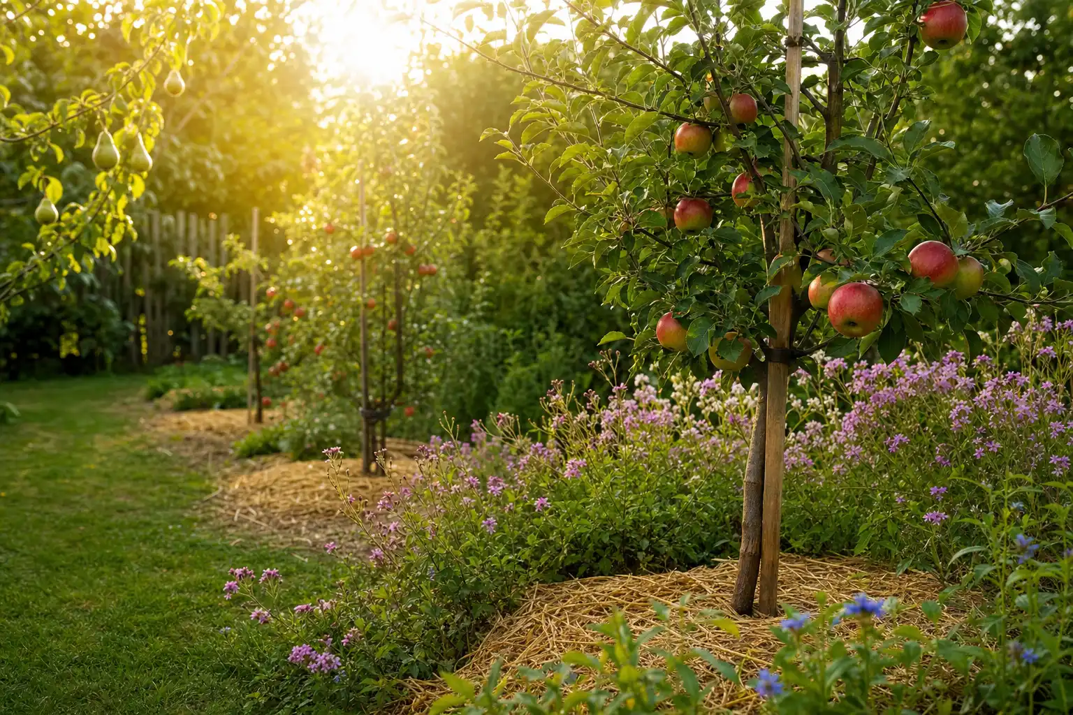 Verger familial avec pommiers, poiriers, petits fruits et fleurs mellifères