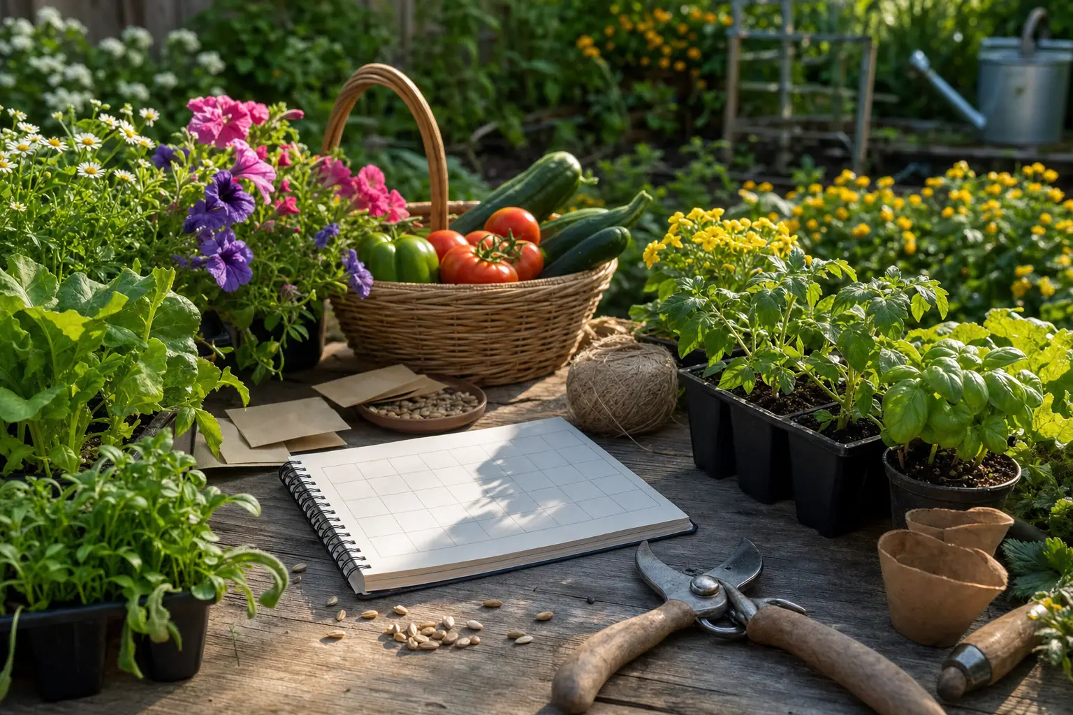Calendrier de jardinage avec outils, semis, massifs et potager au fil des saisons