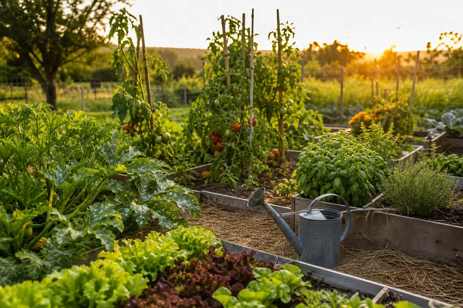Potager familial productif avec tomates, salades, courgettes et aromatiques