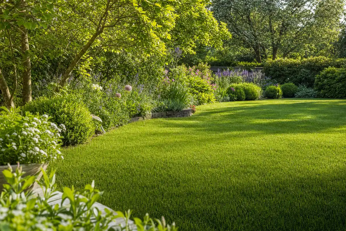 Gazon vert et dense bien entretenu dans un jardin ensoleillé