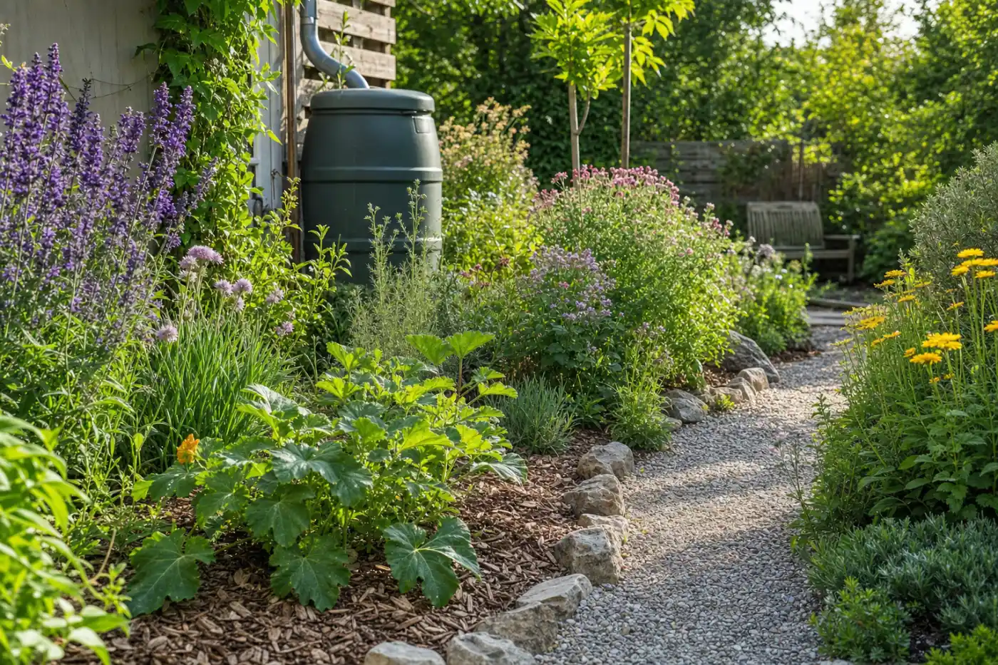 Jardin écologique avec massifs fleuris, paillage naturel et plantes mellifères