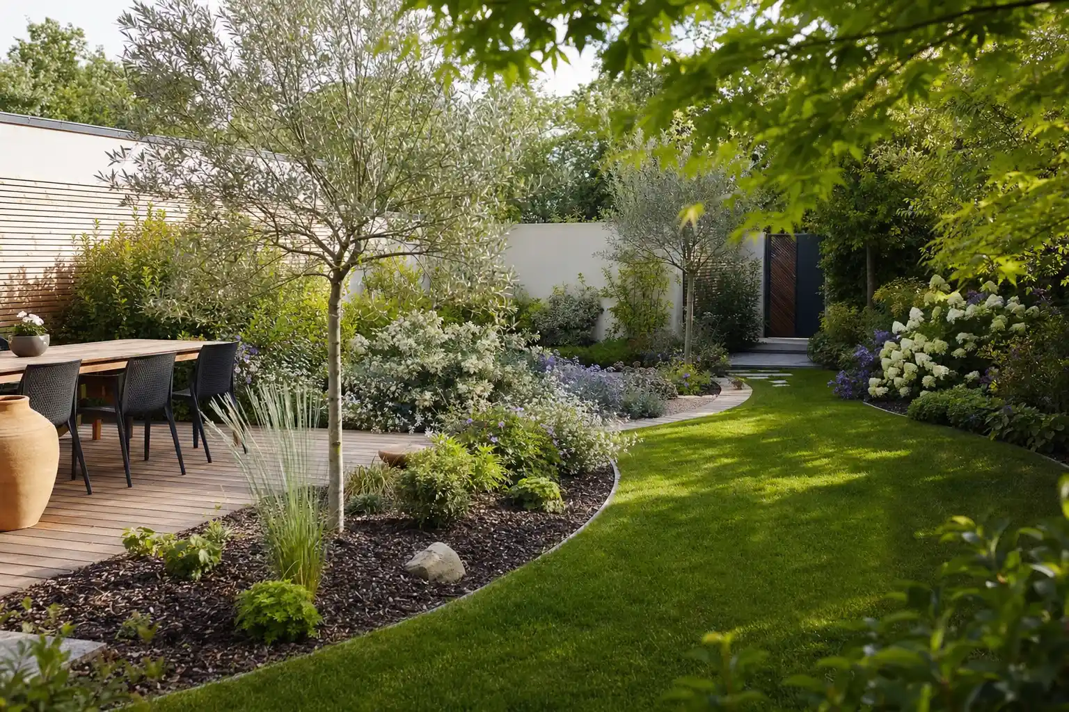 Jardin facile à entretenir avec massifs paillés, pelouse nette et terrasse conviviale