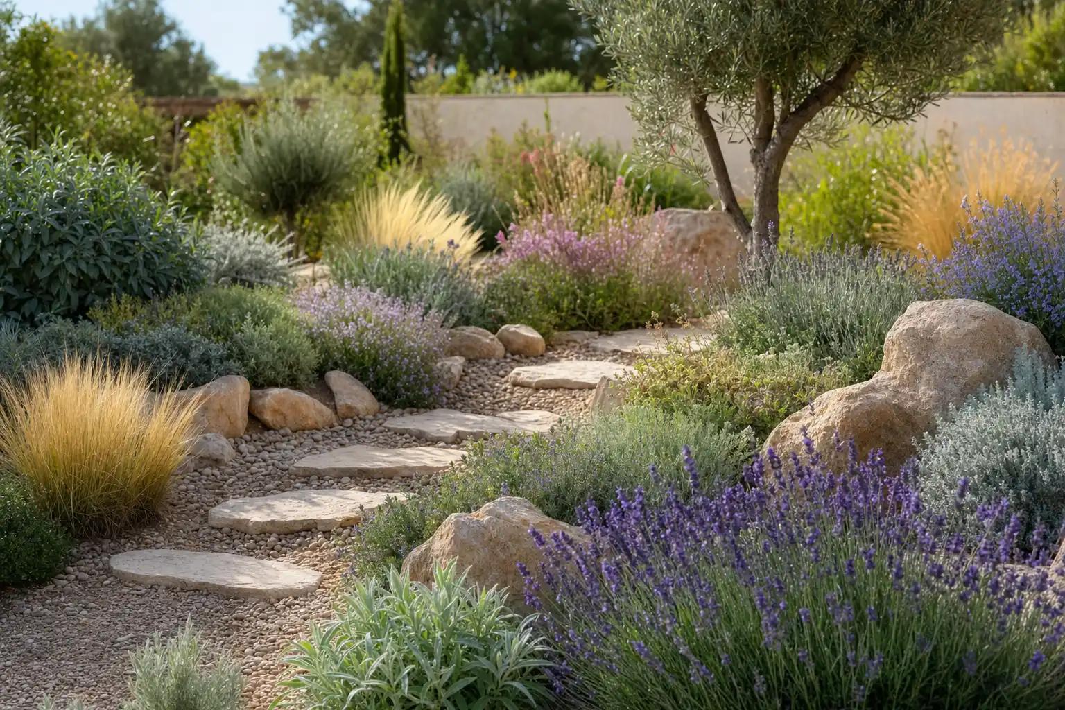 Jardin sec avec lavandes, graminées, graviers et plantes sobres en eau