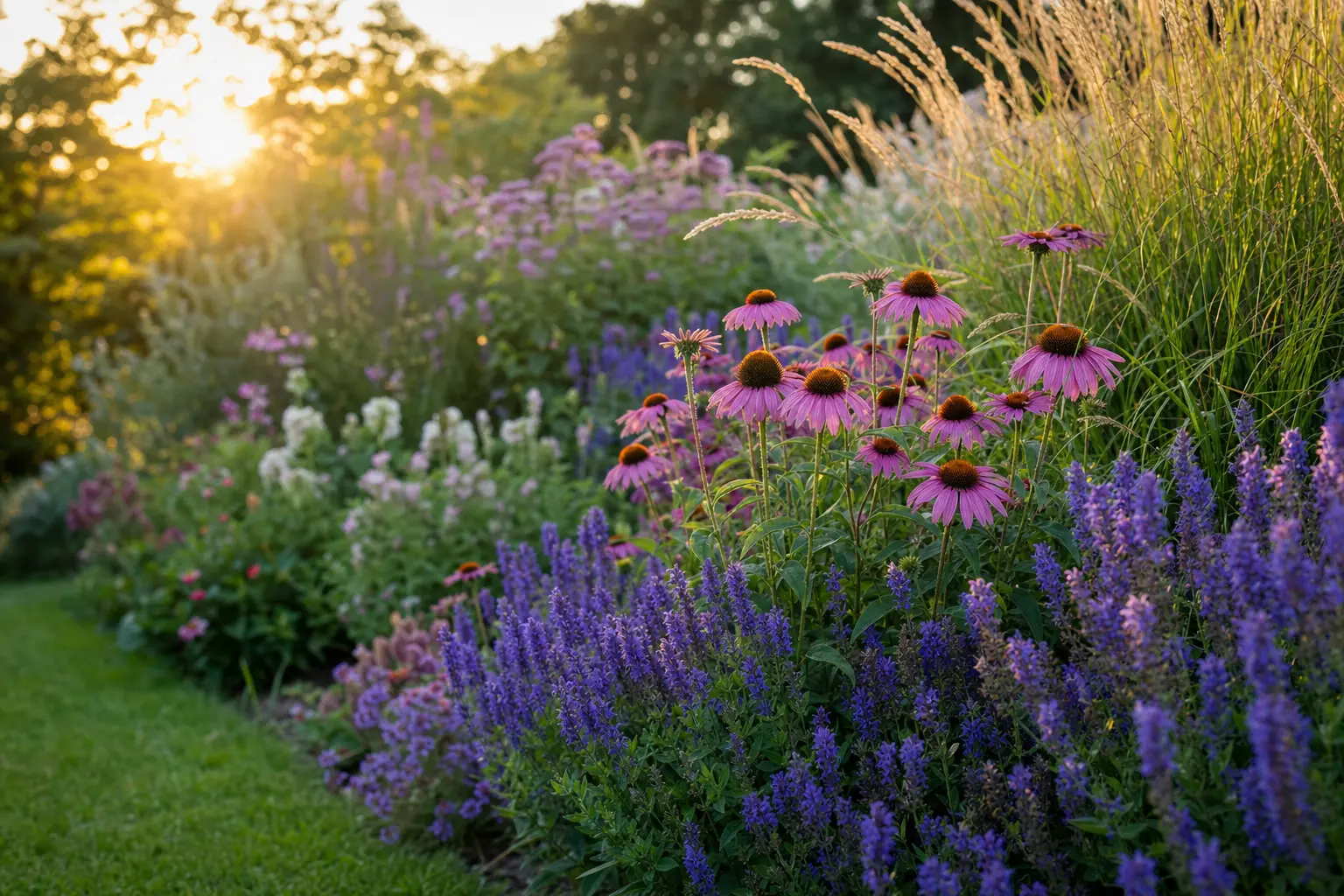 Massif de plantes vivaces en fleurs dans un jardin de style naturel